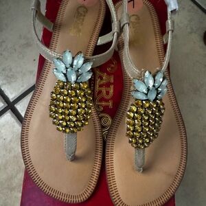 Carlos Santana Women’s Gold Rhinestone Pineapple T-Strap Sandals